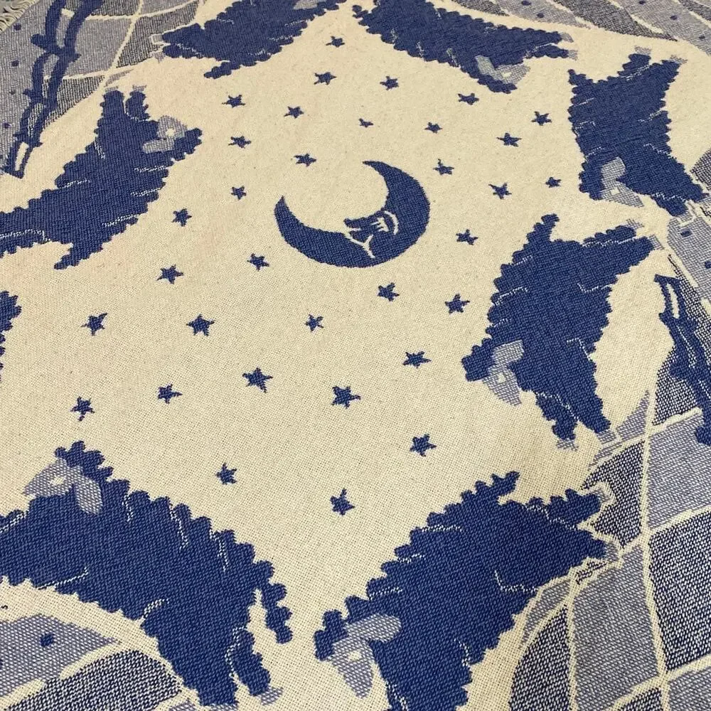 Vintage Woven Throw Blanket Baby Sleep Moon Counting Sheep Fringe 54x43 Afghan